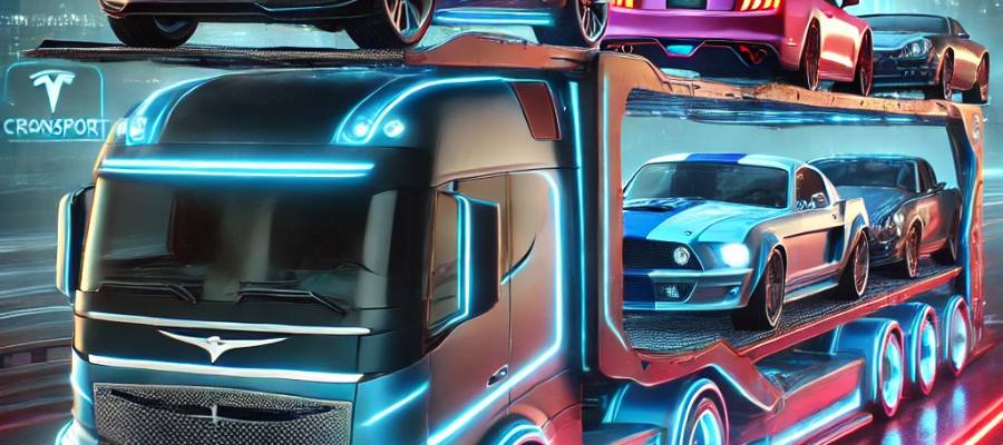 Best Auto Shipping Carriers - Futuristic car transport truck carrying luxury and classic cars on a neon-lit highway, with a cyberpunk city skyline in the background.