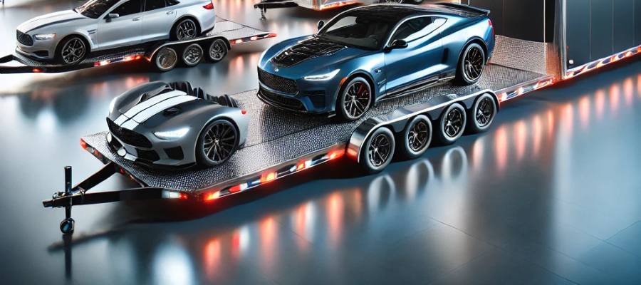 Best car hauler trailers for sale in 2025 – A modern dealership showcasing a variety of enclosed, open, and gooseneck car hauler trailers with luxury vehicles loaded