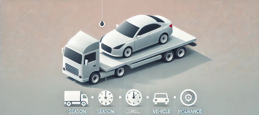 Minimalist and clean horizontal image illustrating car shipping cost factors. A white, modern car is being loaded onto a sleek car carrier truck. Below the truck, five circular icons represent key elements affecting car shipping costs, including season, vehicle condition, and insurance. The background features a soft beige gradient, enhancing the professional and polished design.