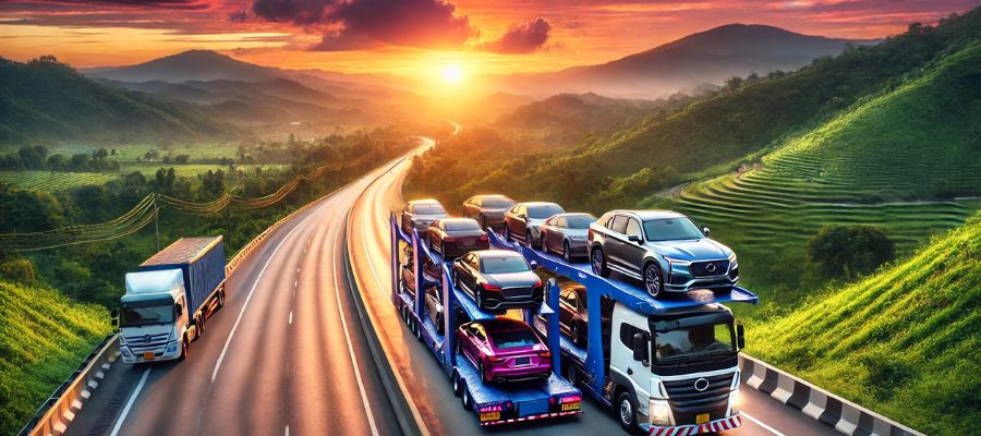 A vibrant image representing Cheap Car Shipping, featuring a modern open car carrier truck transporting multiple vehicles along a scenic highway during sunset, surrounded by lush green hills and a colorful sky.