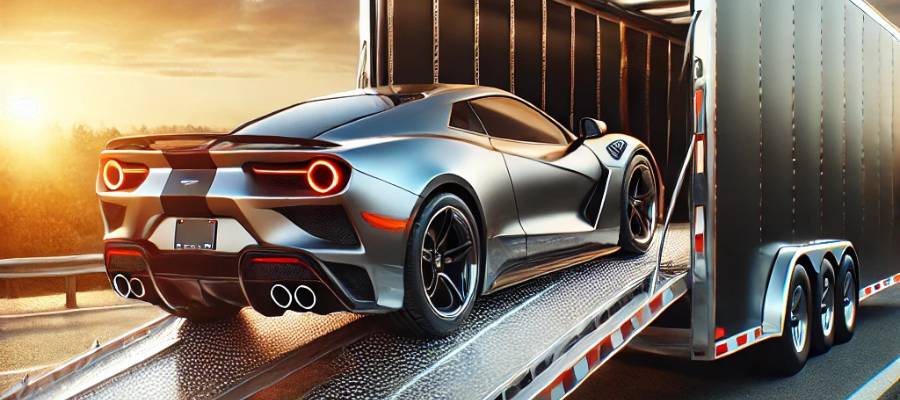 Enclosed car hauler trailer with a luxury sports car being loaded at sunset, highlighting a secure and professional auto transport solution