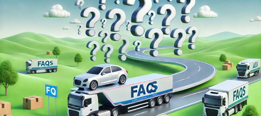 A creative image representing Frequently Asked Questions (FAQs) about car shipping, featuring a car carrier truck on a winding road surrounded by floating question marks, symbolizing common customer inquiries in the auto transport process.